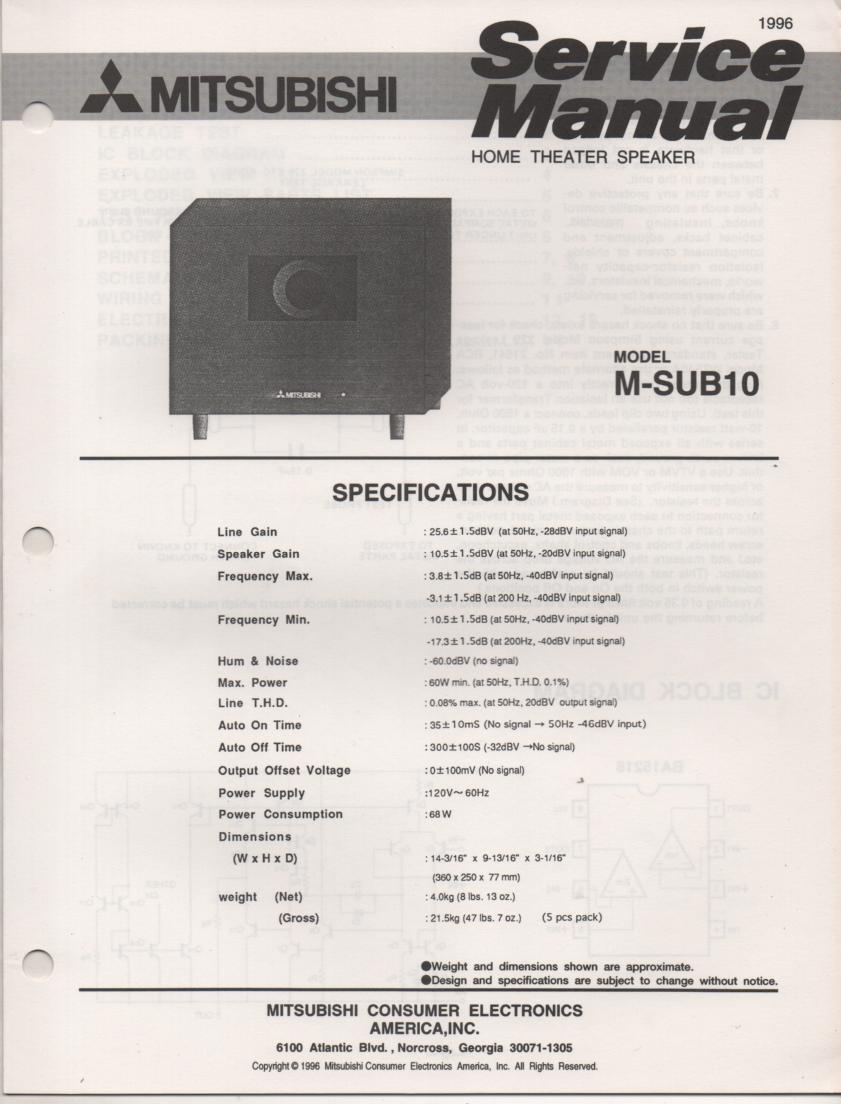 M-SUB10 SUB Woofer Service Manual  Mitsubishi