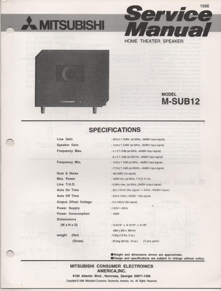 M-SUB12 SUB Woofer Service Manual  Mitsubishi