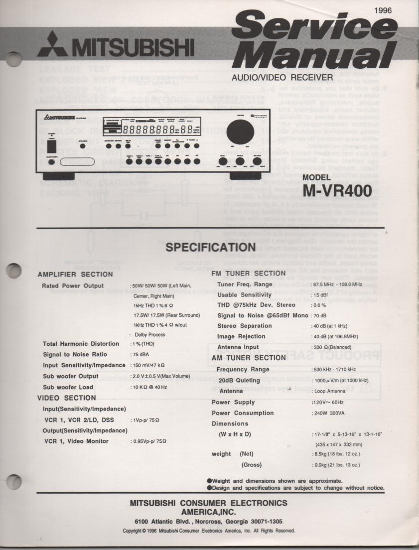 M-VR400 AV Receiver Service Manual.  comes with large foldouts