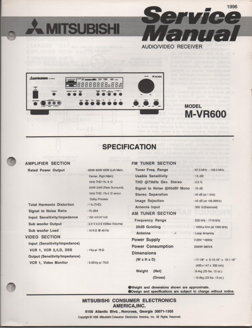 M-VR600 AV Receiver Service Manual.  comes with large foldouts