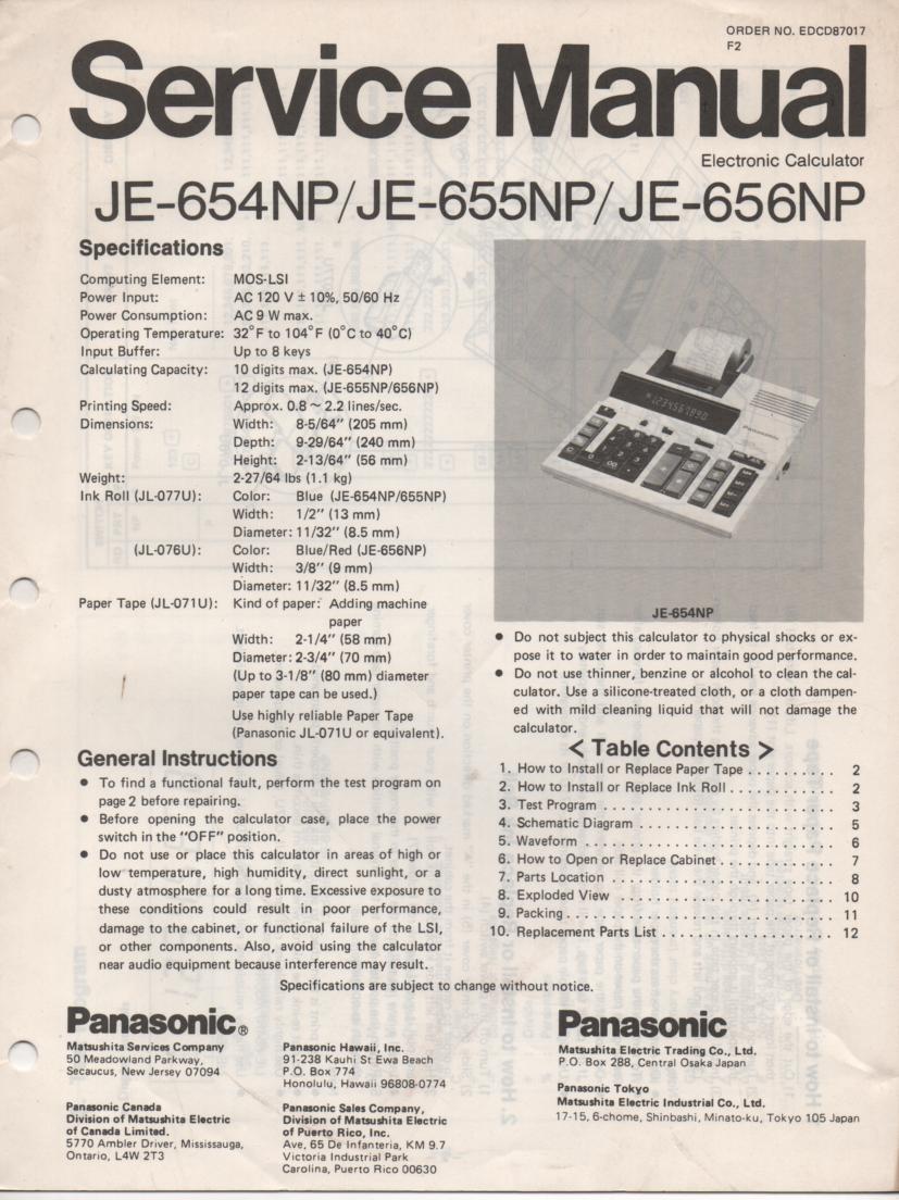 JE-654NP JE-655NP JE-656NP Calculator Service Manual. Also contains paper roll and ink cartridge replacement instructions.