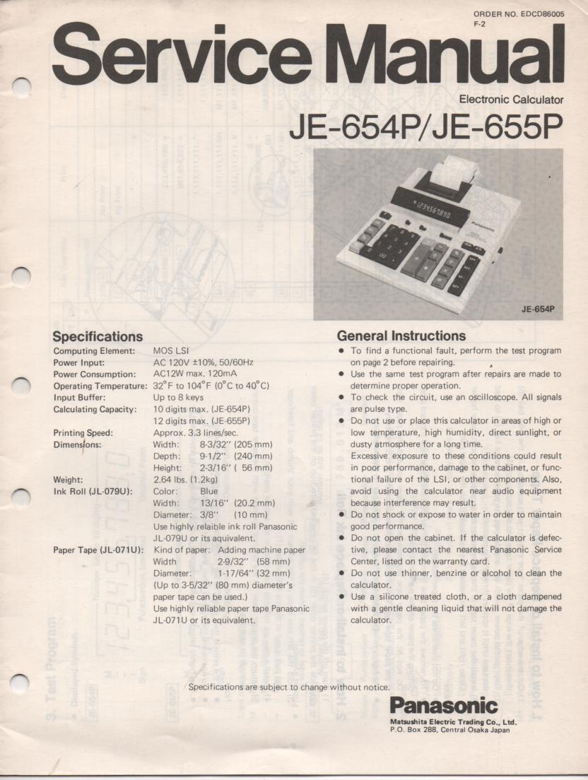 JE-654P JE-655P Calculator Service Manual. Also contains paper roll and ink cartridge replacement instructions.