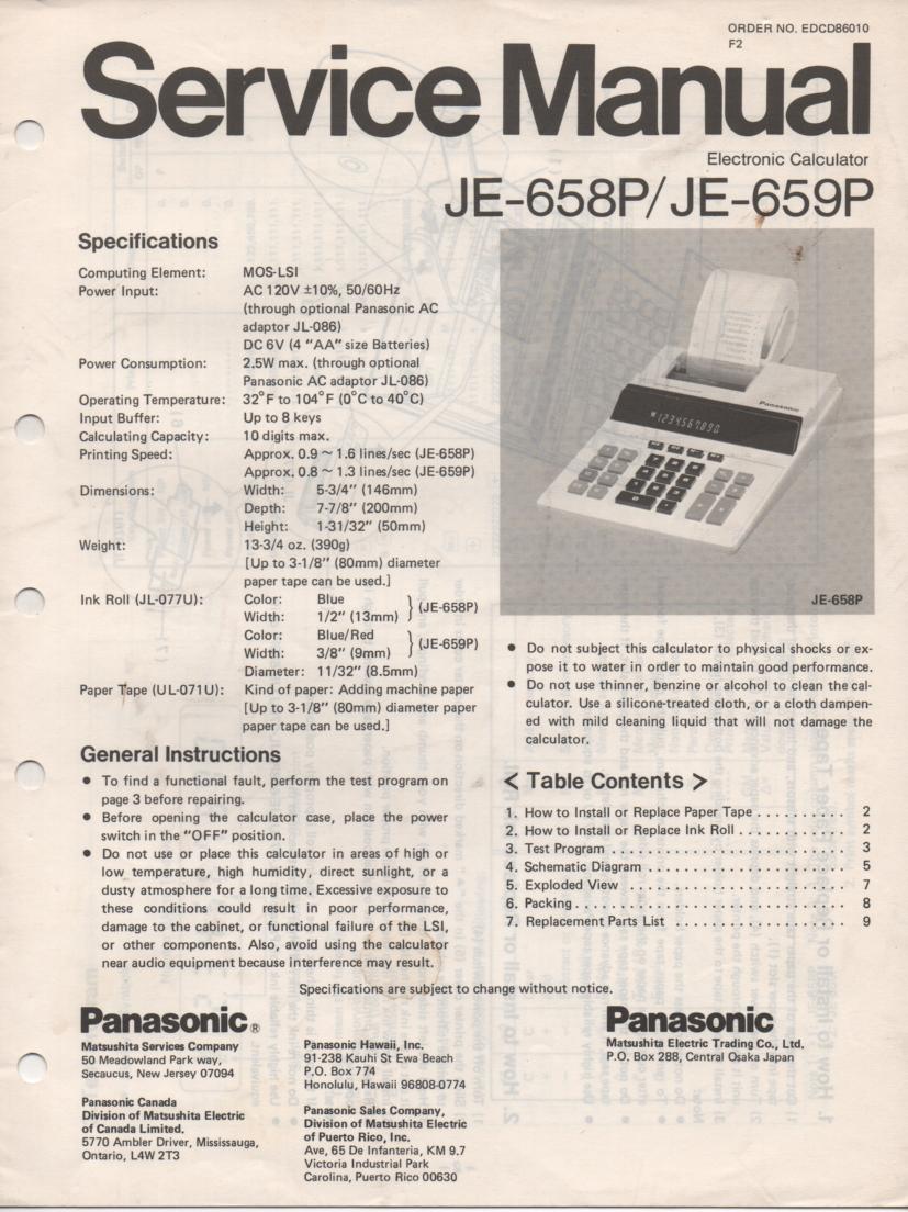 JE-658P JE-659P Calculator Service Manual. Also contains paper roll and ink cartridge replacement instructions.