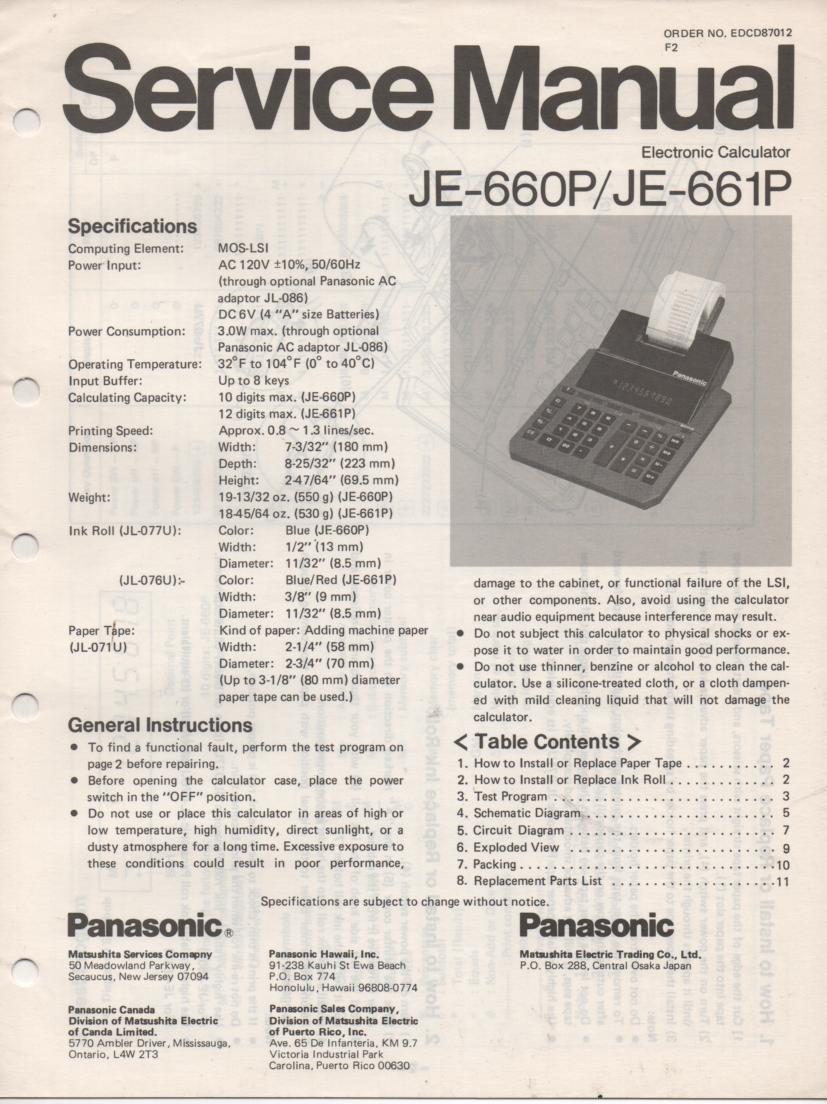 JE-660P JE-661P Calculator Service Manual. Also contains paper roll and ink cartridge replacement instructions.