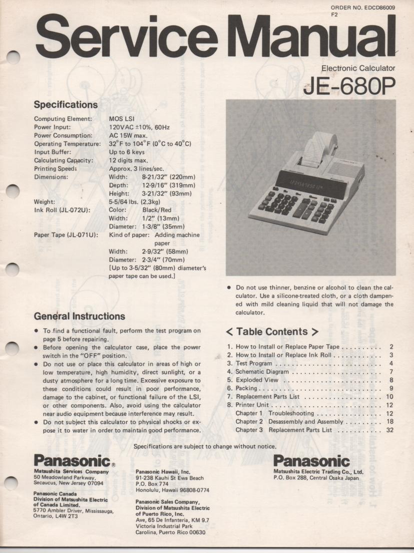 JE-680P Calculator Service Manual. Also contains paper roll and ink cartridge replacement instructions.