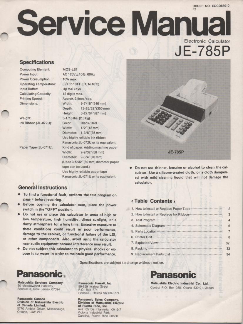 JE-785P Calculator Service Manual. Also contains paper roll and ink cartridge replacement instructions.