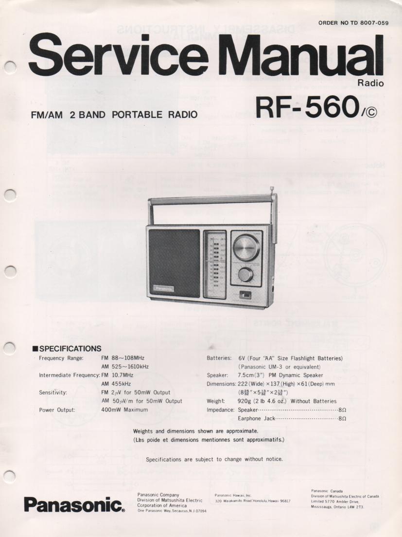 RF-560 AM FM Radio Service Manual