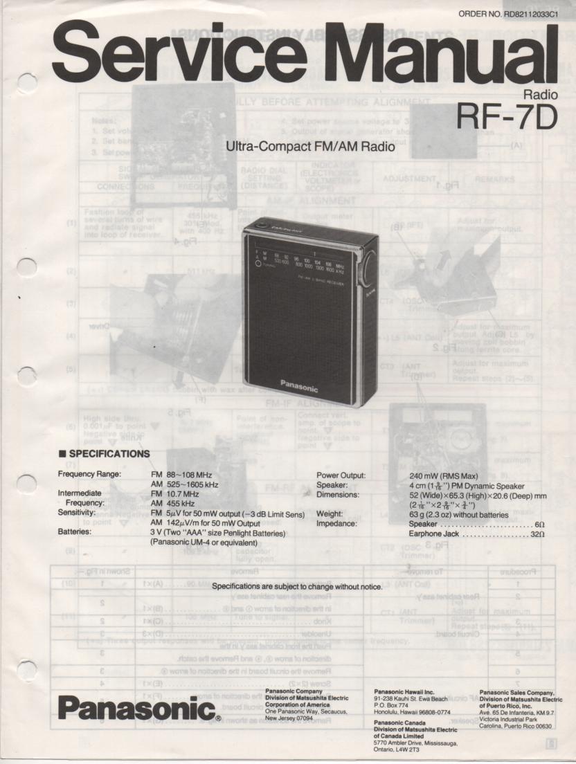 RF-7D AM FM Radio Service Manual
