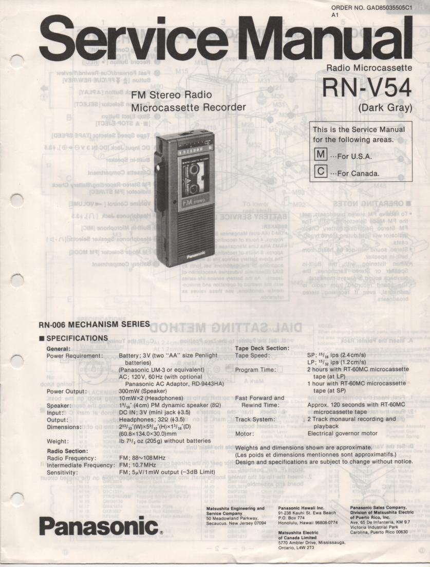 RN-V54 Microcassette Deck Service Manual