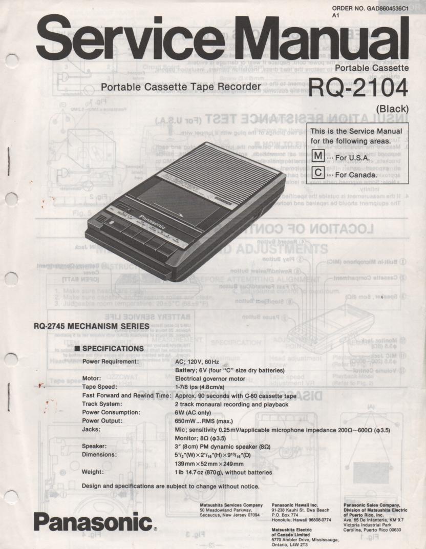 RQ-2104 Cassette Tape Recorder Service Manual