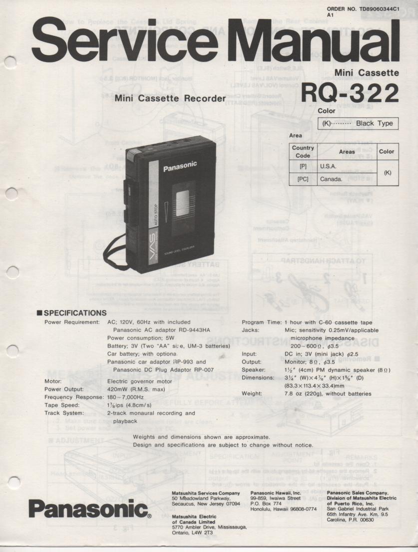 RQ-322 Mini Cassette Recorder Service Manual