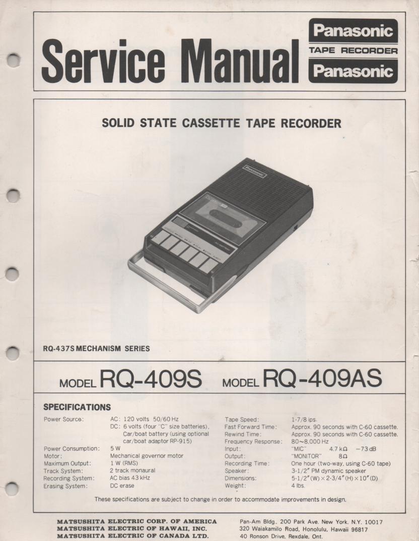 RQ-409S RQ-409AS Cassette Tape Recorder Service Manual