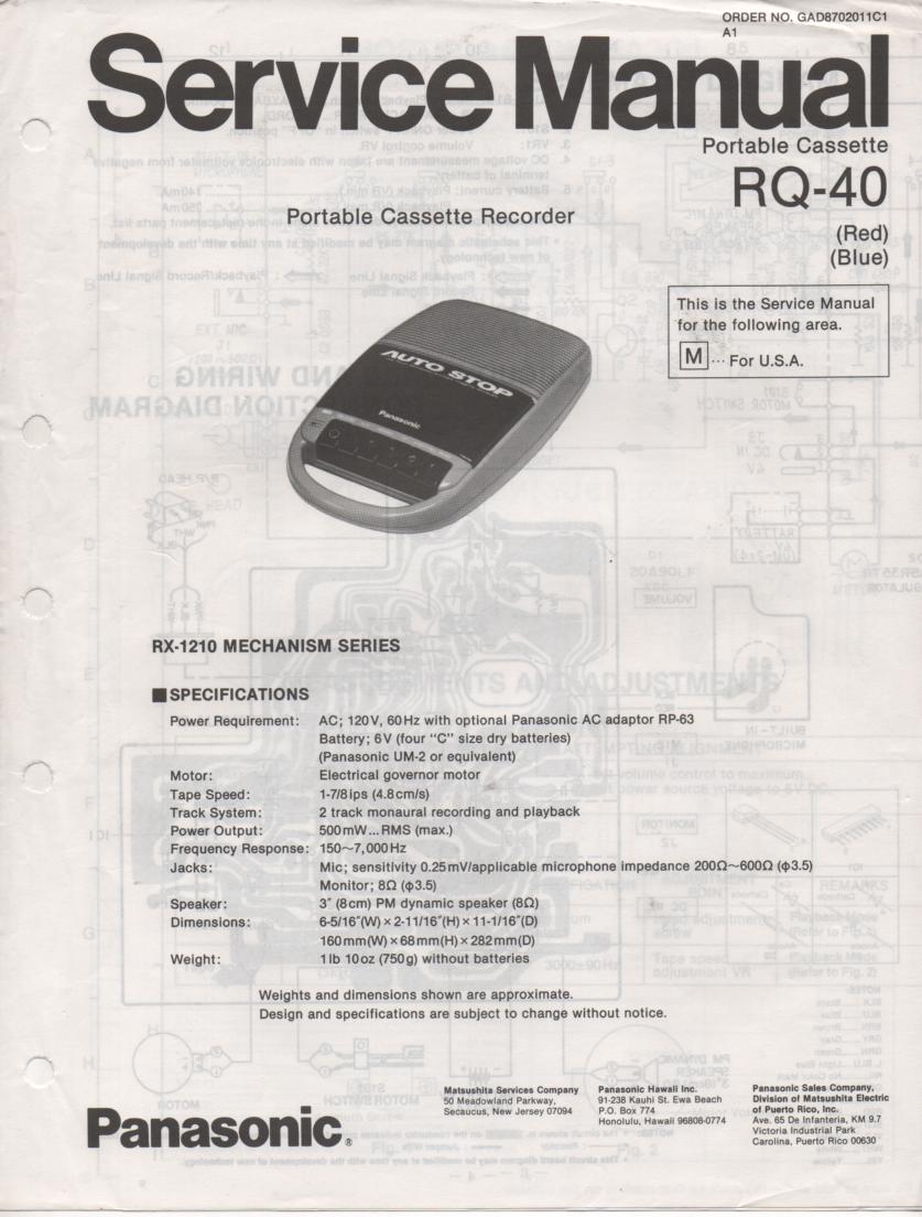 RQ-40 Portable Cassette Recorder Service Manual