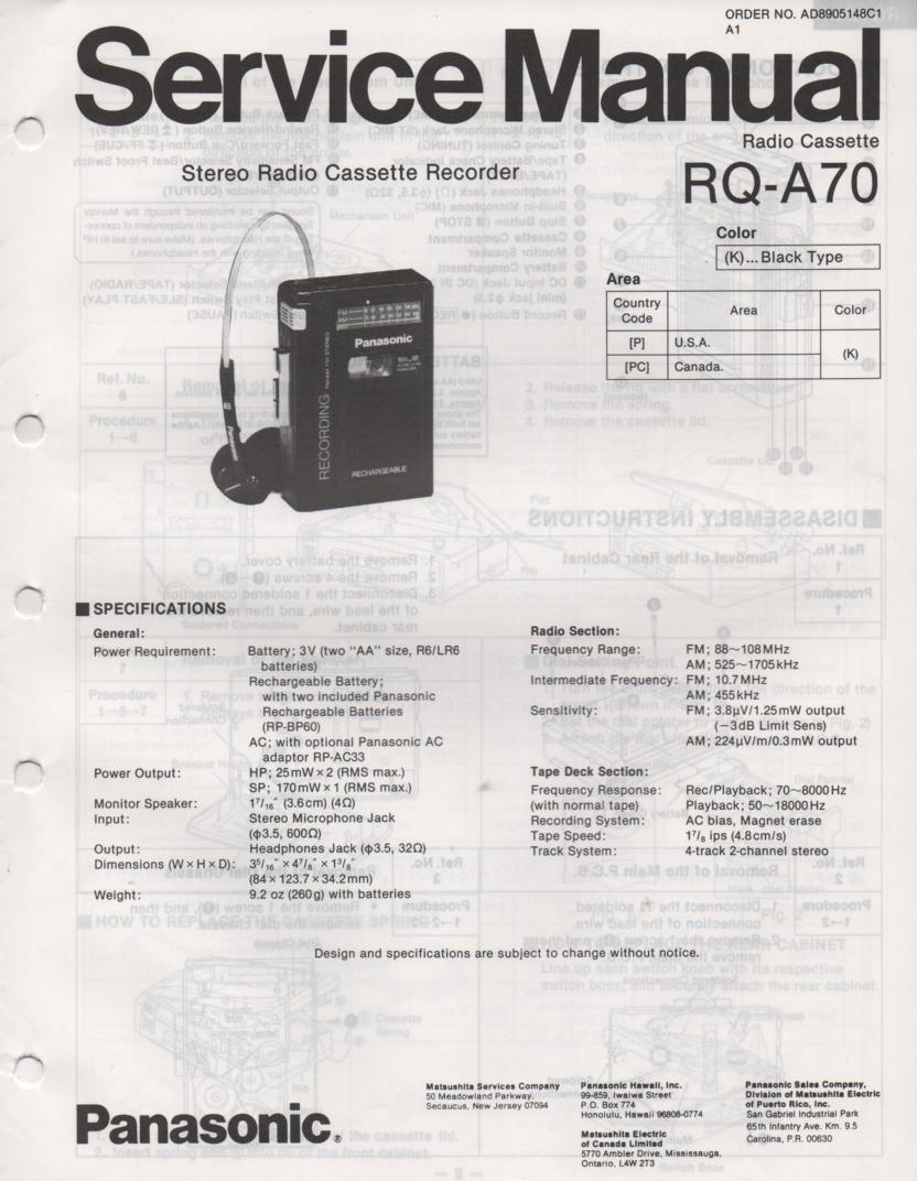 RQ-A70 Radio Cassette Recorder Service Manual
