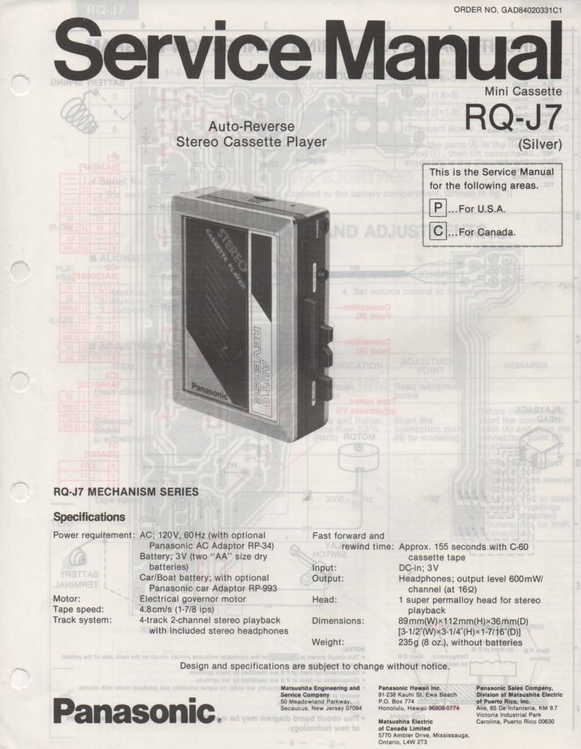 RQ-J7 Radio Cassette Player Service Manual