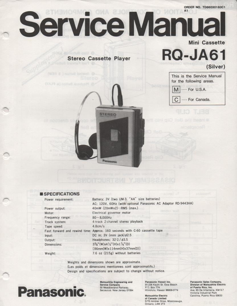 RQ-JA61 Radio Cassette Recorder Service Manual