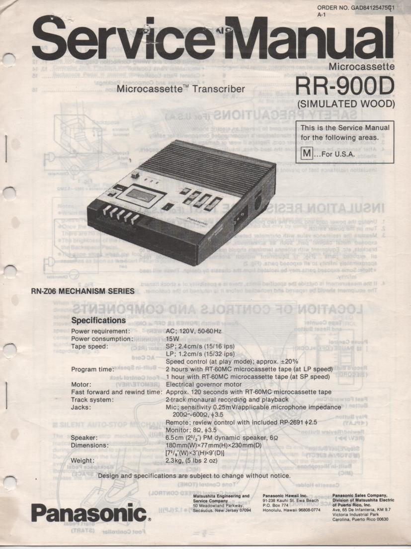 RR-900D Microcassette Transcriber Service Manual