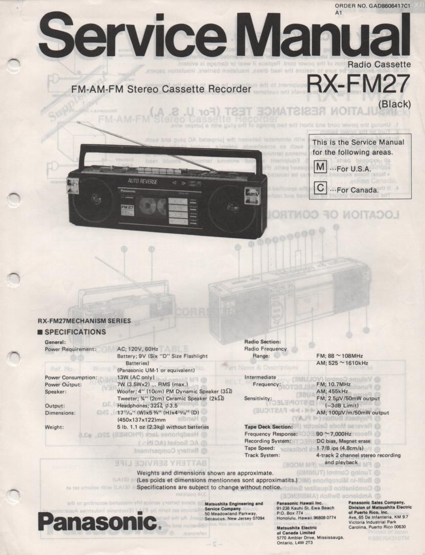 RX-FM27 AM FM Cassette Recorder Service Manual