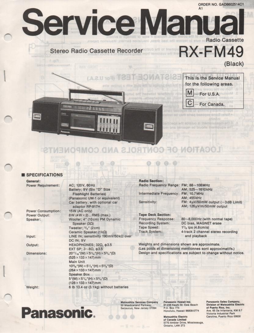 RX-FM49 AM FM Cassette Recorder Service Manual