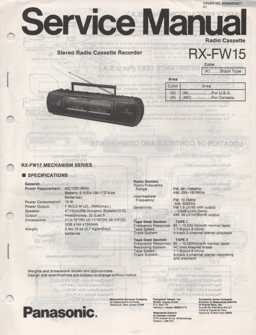 RX-FW15 AM FM Radio Cassette Recorder Service Manual