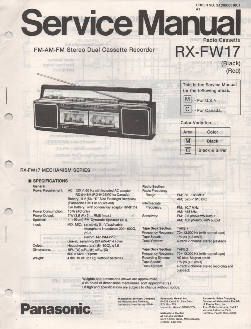 RX-FW17 AM FM Radio Cassette Recorder Service Manual