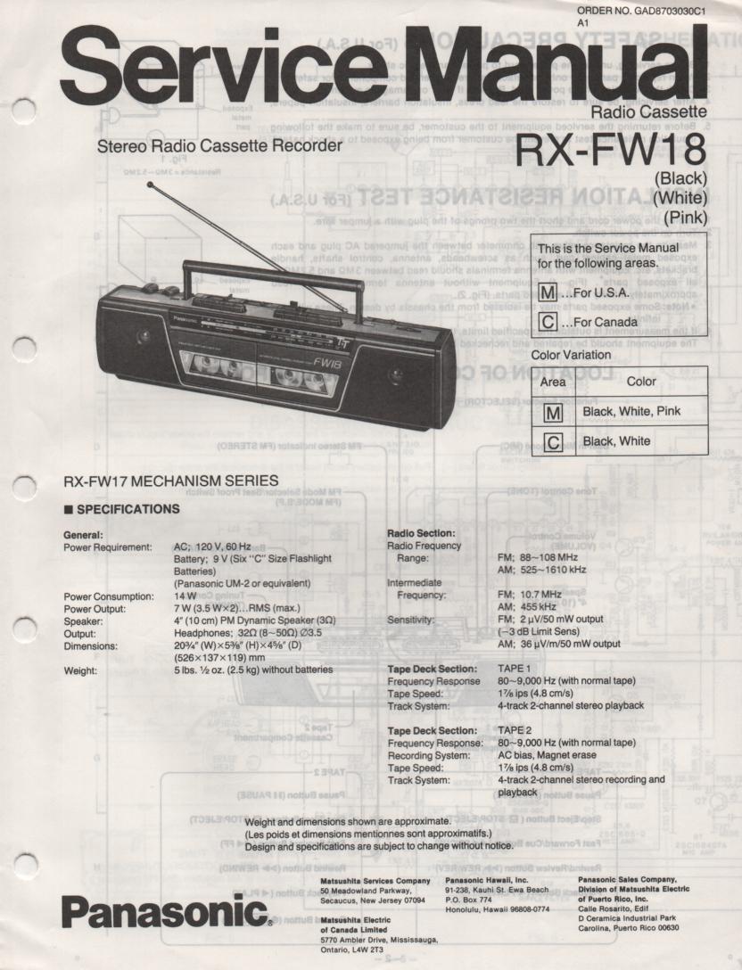 RX-FW18 AM FM Radio Cassette Recorder Service Manual