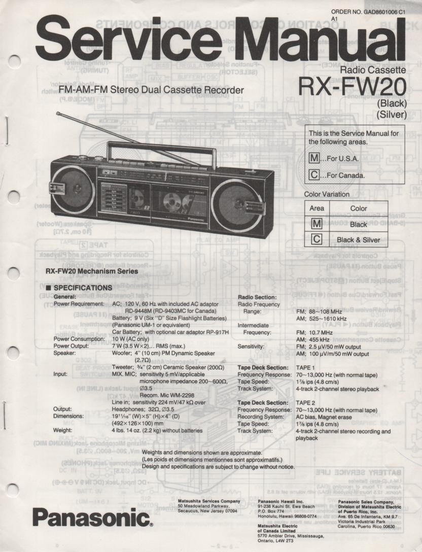 Panasonic RX-FW20 AM FM Radio Cassette Recorder Service Manual