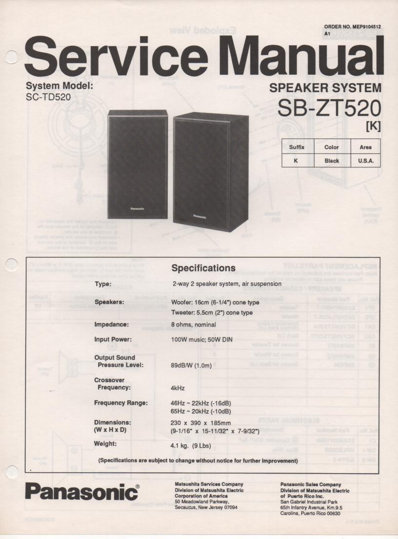 SB-ZT520 Speaker System Service Manual