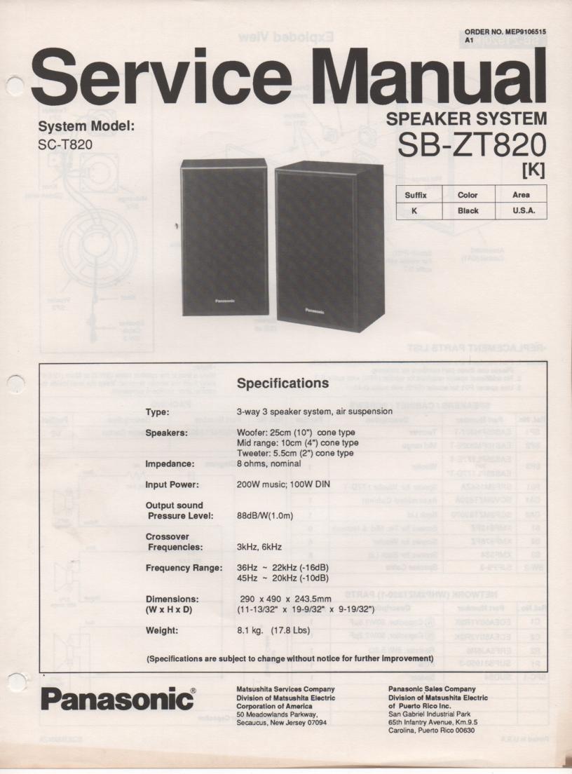 SB-ZT820 Speaker System Service Manual