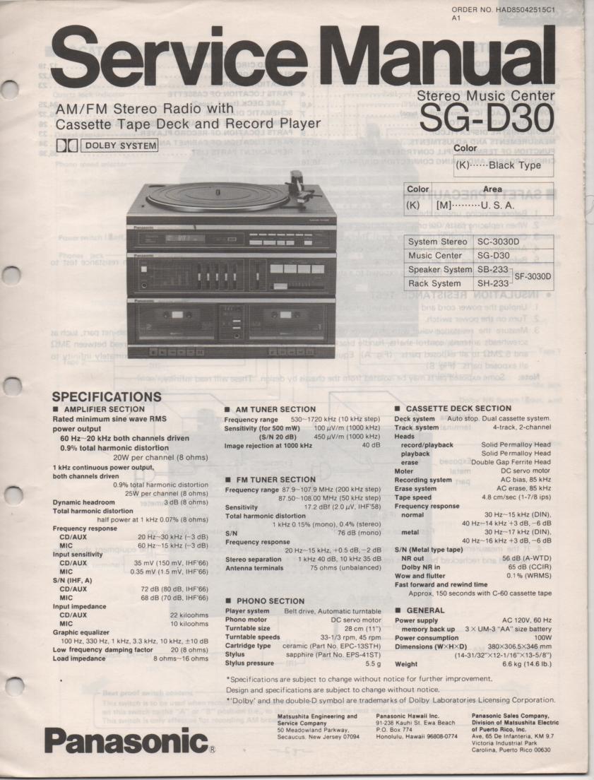 SG-D30 Music Center Stereo System Service Manual