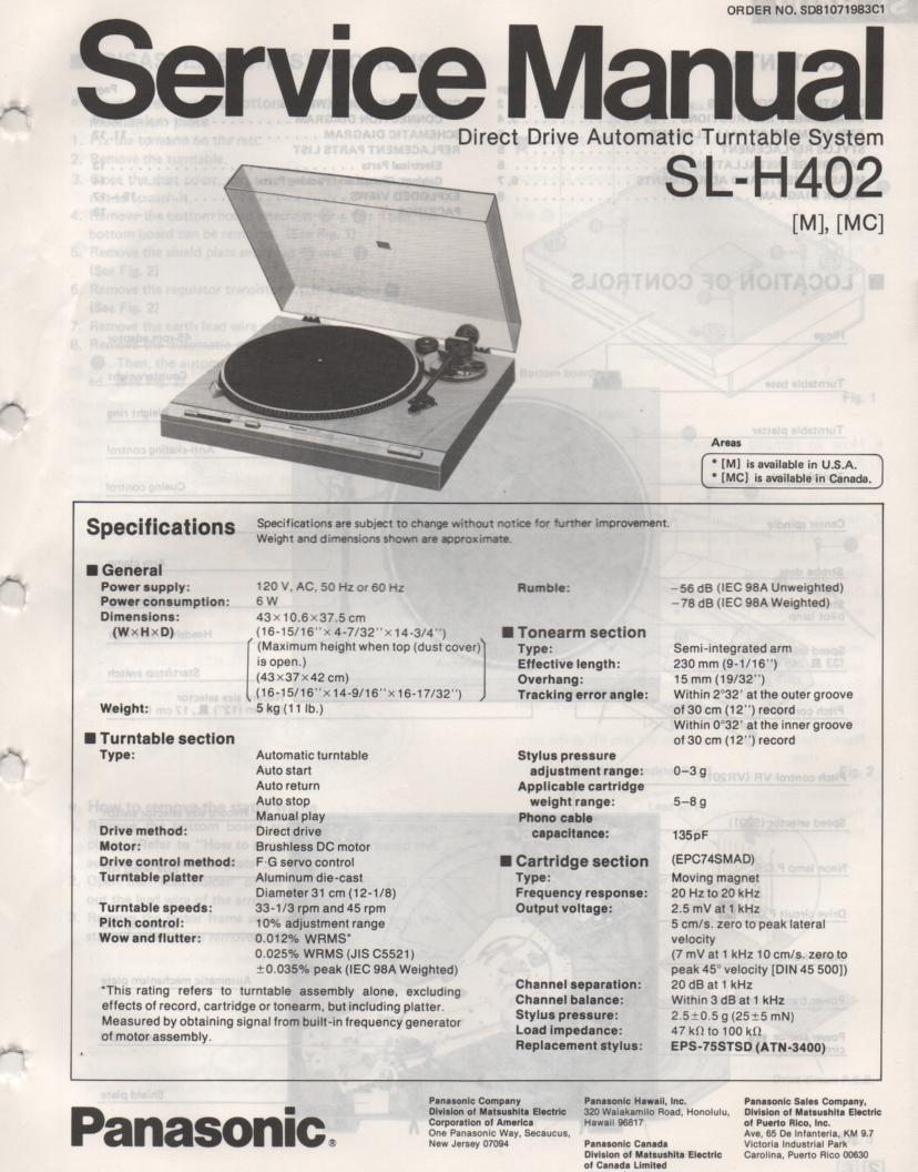 SL-H402 Turntable Service Manual