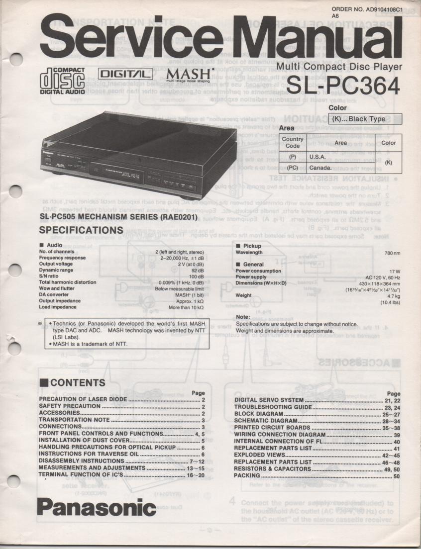 SL-PC364 Multi Disc CD Player Service Instruction Manual