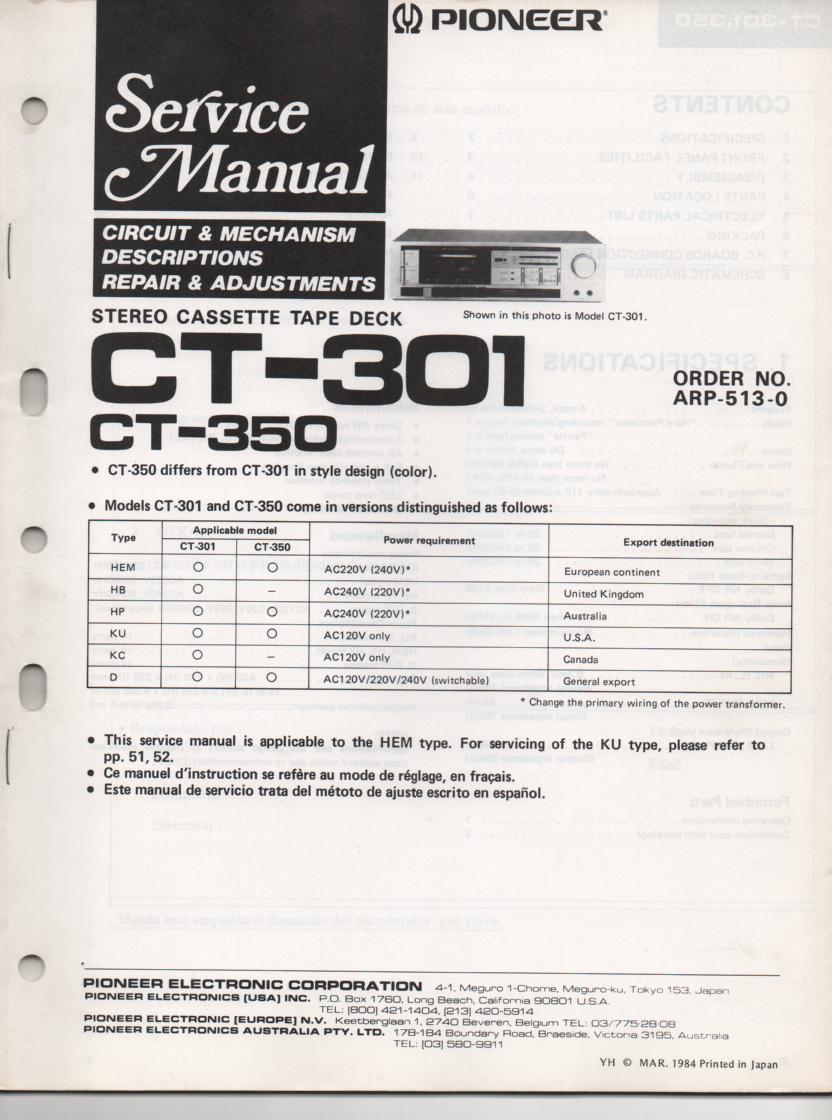 CT-301 CT-350 Cassette Deck Service Manual.52 pages .. ARP-513-0.