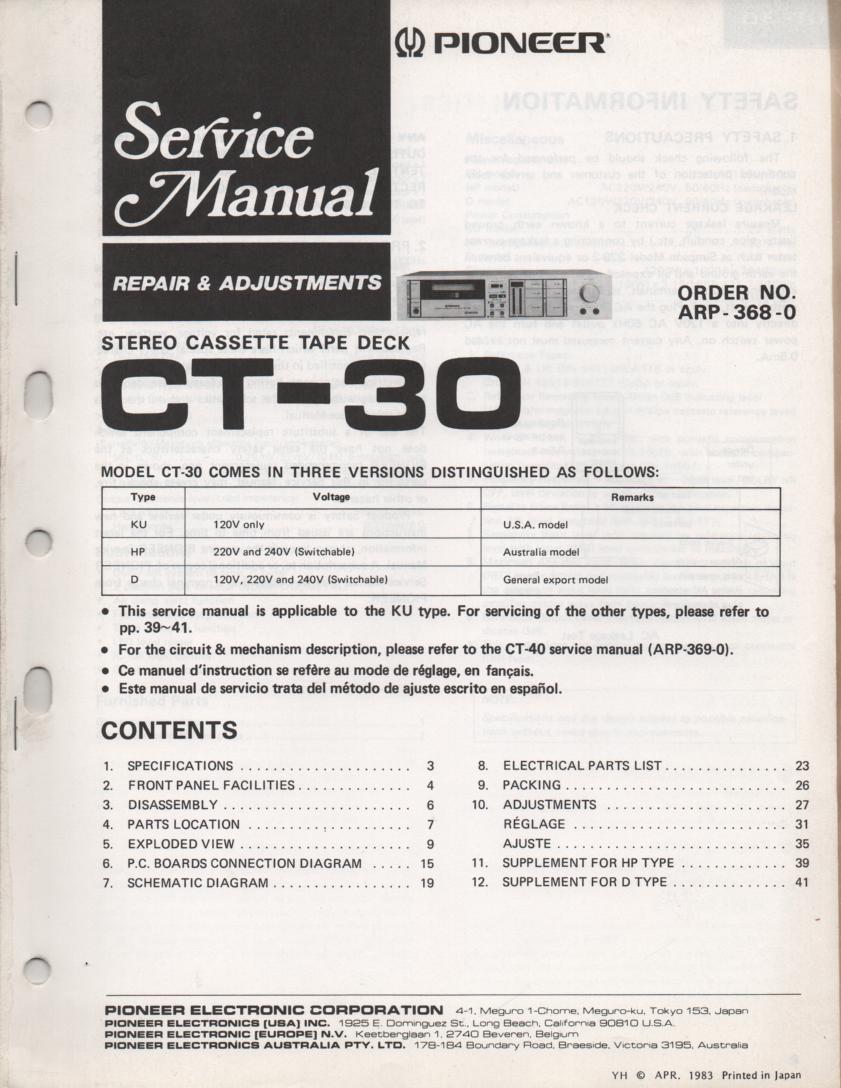 CT-30 Cassette Deck Repair and Adjustments Service Manual. ARP-368-0.. 