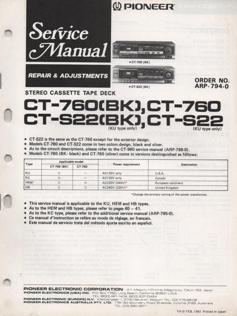 CT-S22 CT-760 Cassette Deck Service Instruction Manual