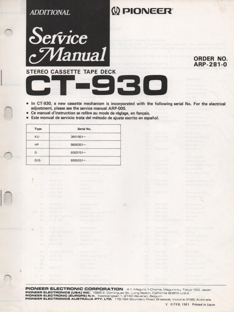 CT-930 Cassette Deck Mechanism Update Service Manual. ARP-281-0 .
KU S/N 3601901 and up.
HP S/N 8600301 and up.
dD S/N 9303701 and up.
D/G S/N 9305201 and up