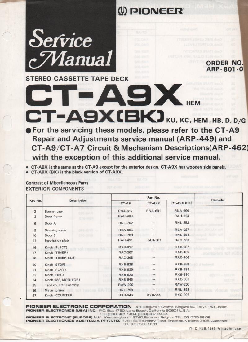 CT-A9X Cassette Deck Service Manual. ARP-801-0