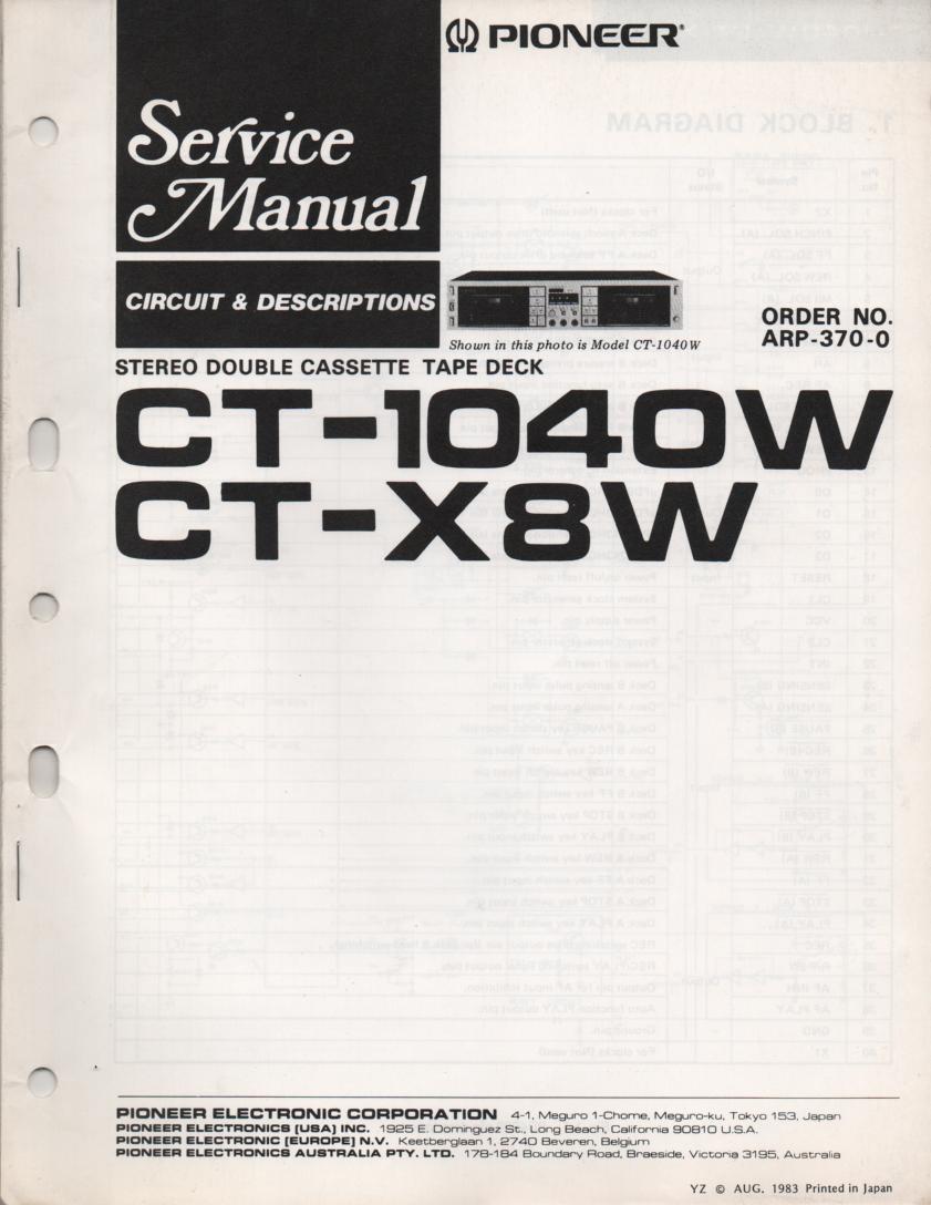 CT-X8W CT-1040W Cassette Deck Circuit Descriptions Service Manual. ARP-370-0 24 pages.