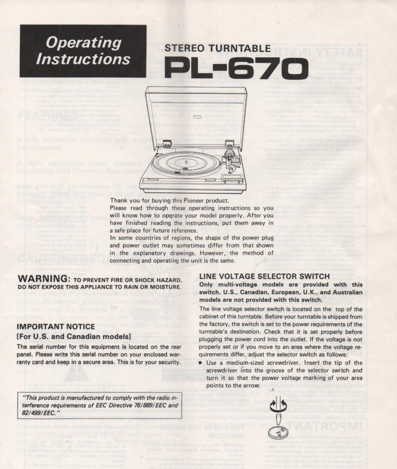 PL-670 Turntable Owners Manual