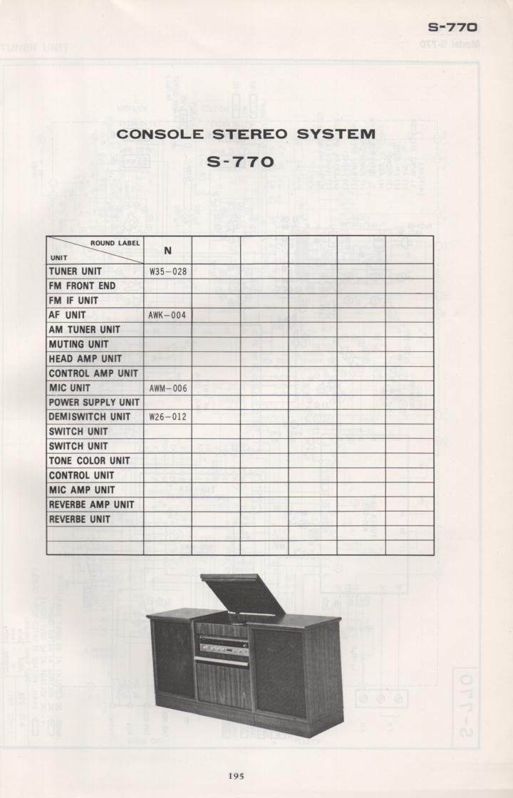 S-770 Stereo System Schematic Manual Only.  It does not contain parts lists, alignments,etc.  Schematics only