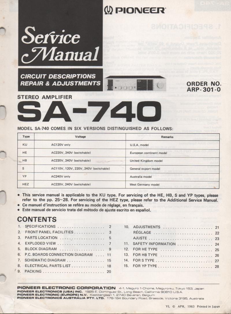 SA-740 Amplifier Service Manual. partial French and Spanish instructions.