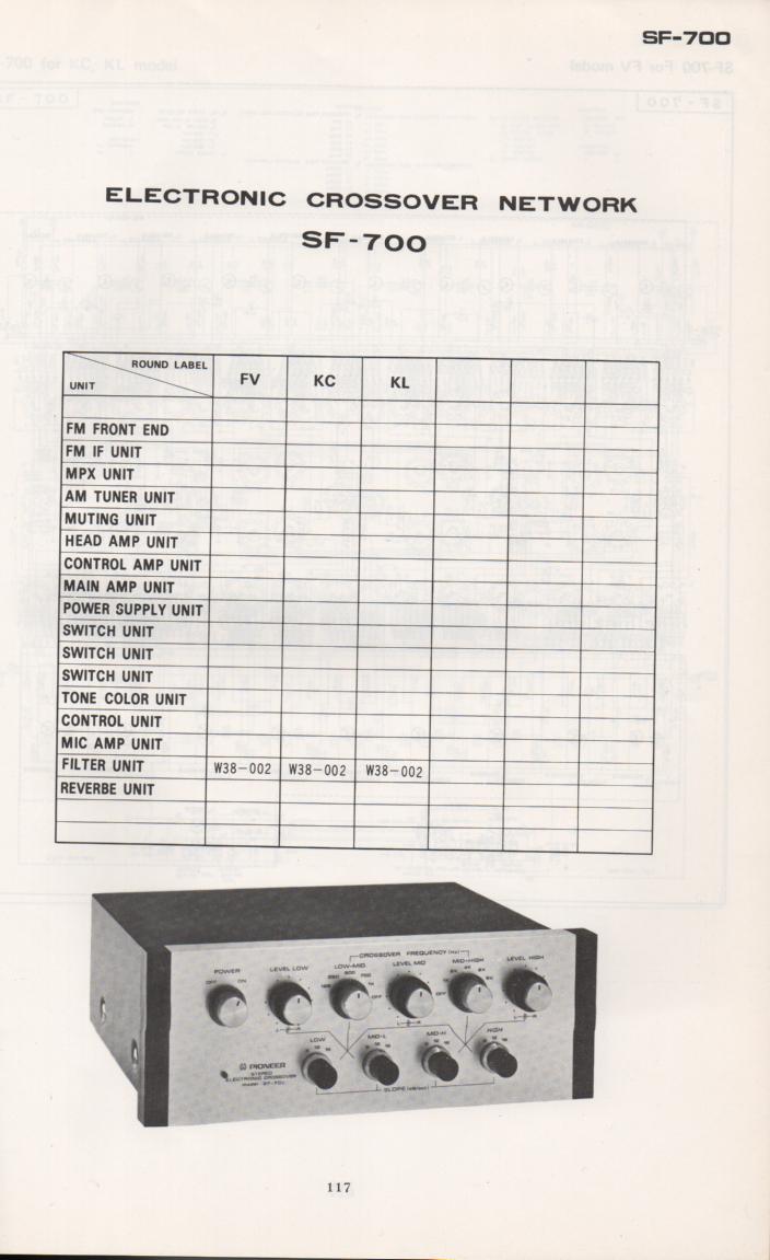SF-700 Electronic Crossover Schematic Manual Only.  It does not contain parts lists, alignments,etc.  Schematics only