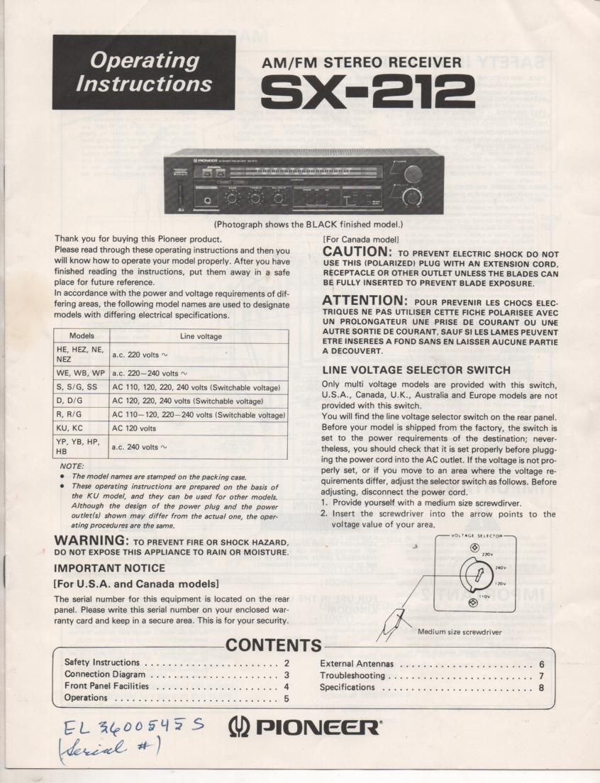 SX-212 Receiver Owners Manual  Pioneer
