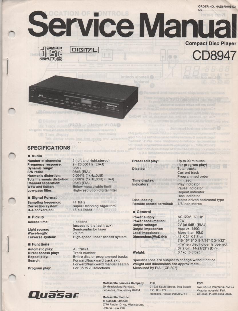 CD8947 CD Player Service Manual
