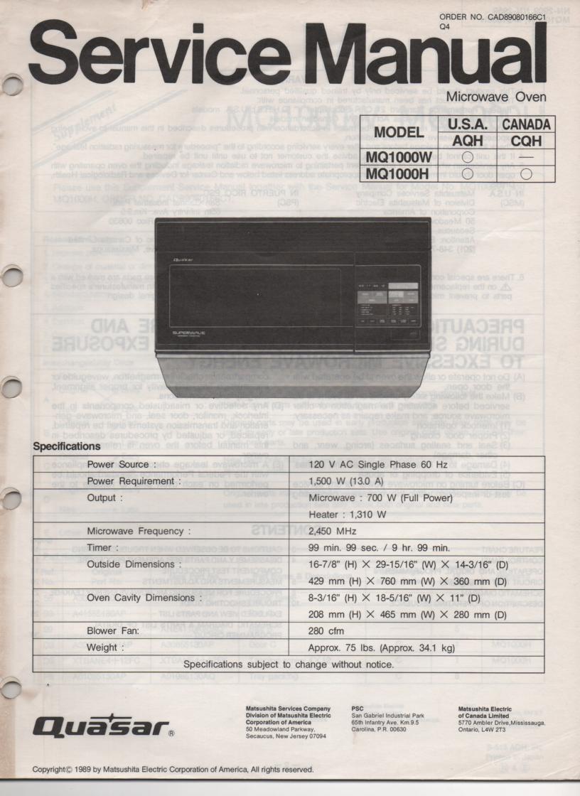 MQ1000W MQ1000H Microwave Oven Service Operating Instruction Manual