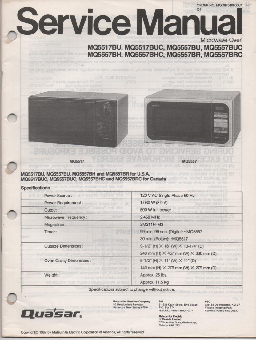 MQ5557BH MQ5557BHC MQ5557BR MQ5557BRC MQ5557BU MQ5557BUC MQ5517BU Microwave Oven Service Operating Manual