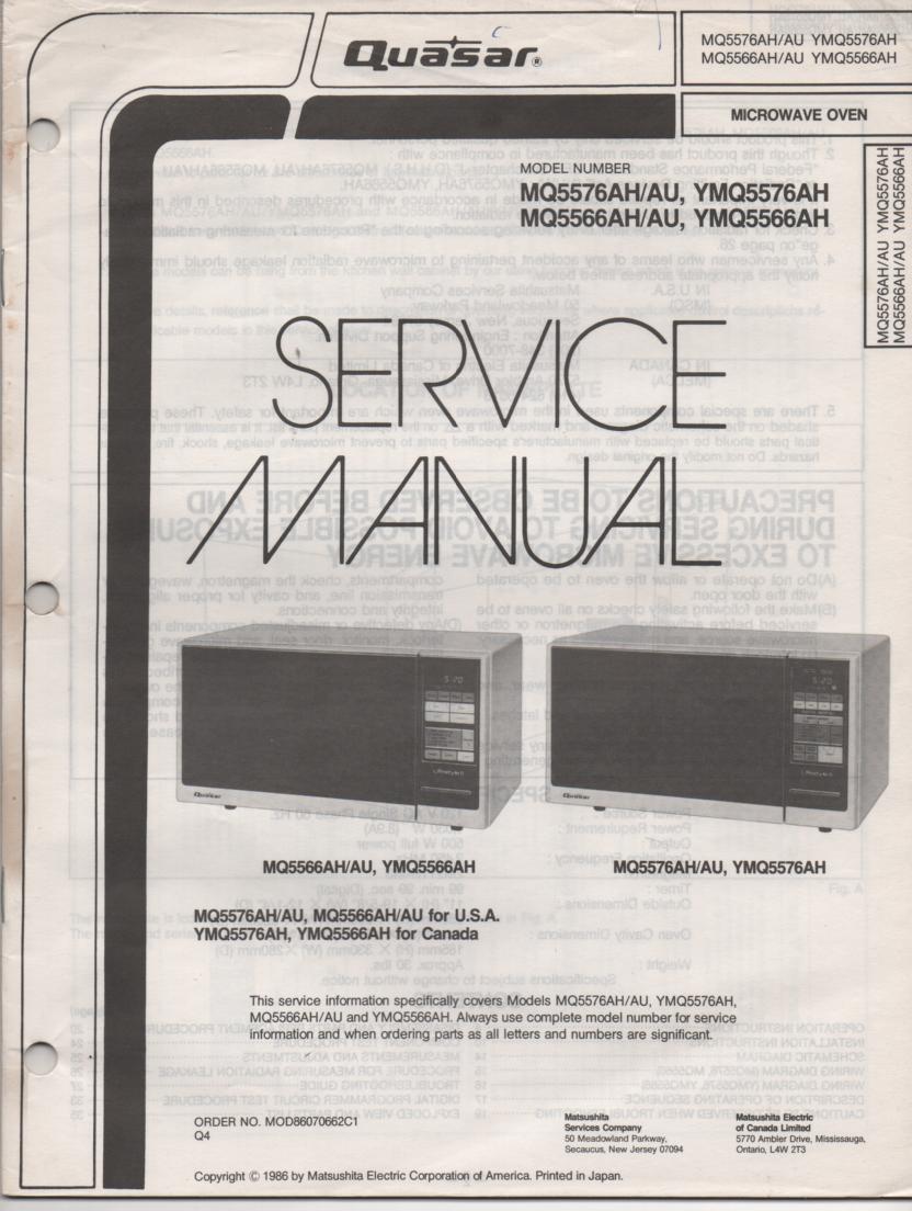 MQ5566AH MQ5566AU YMQ5566AH YMQ5576 Microwave Oven Service Operating Manual