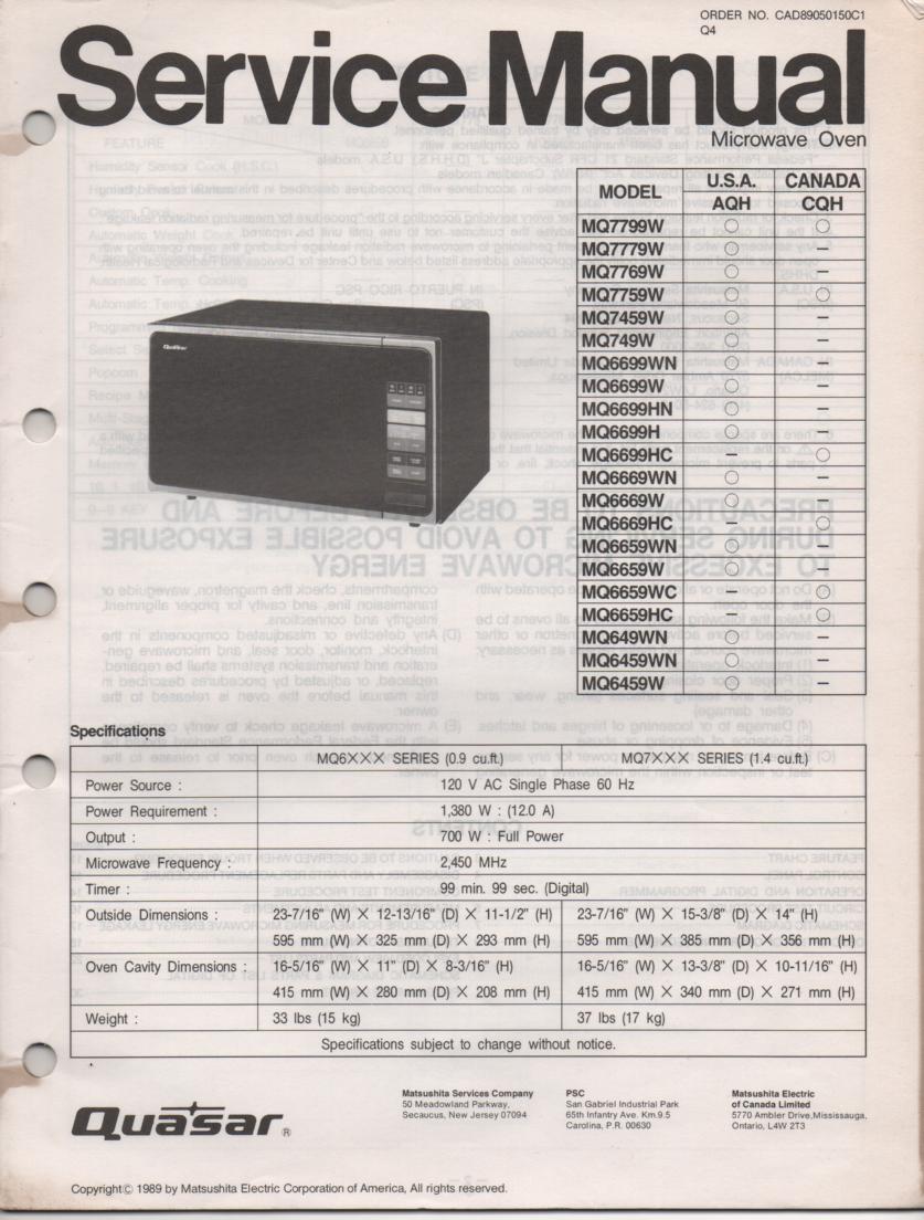 MQ648 Microwave Oven Service Operating Instruction Manual