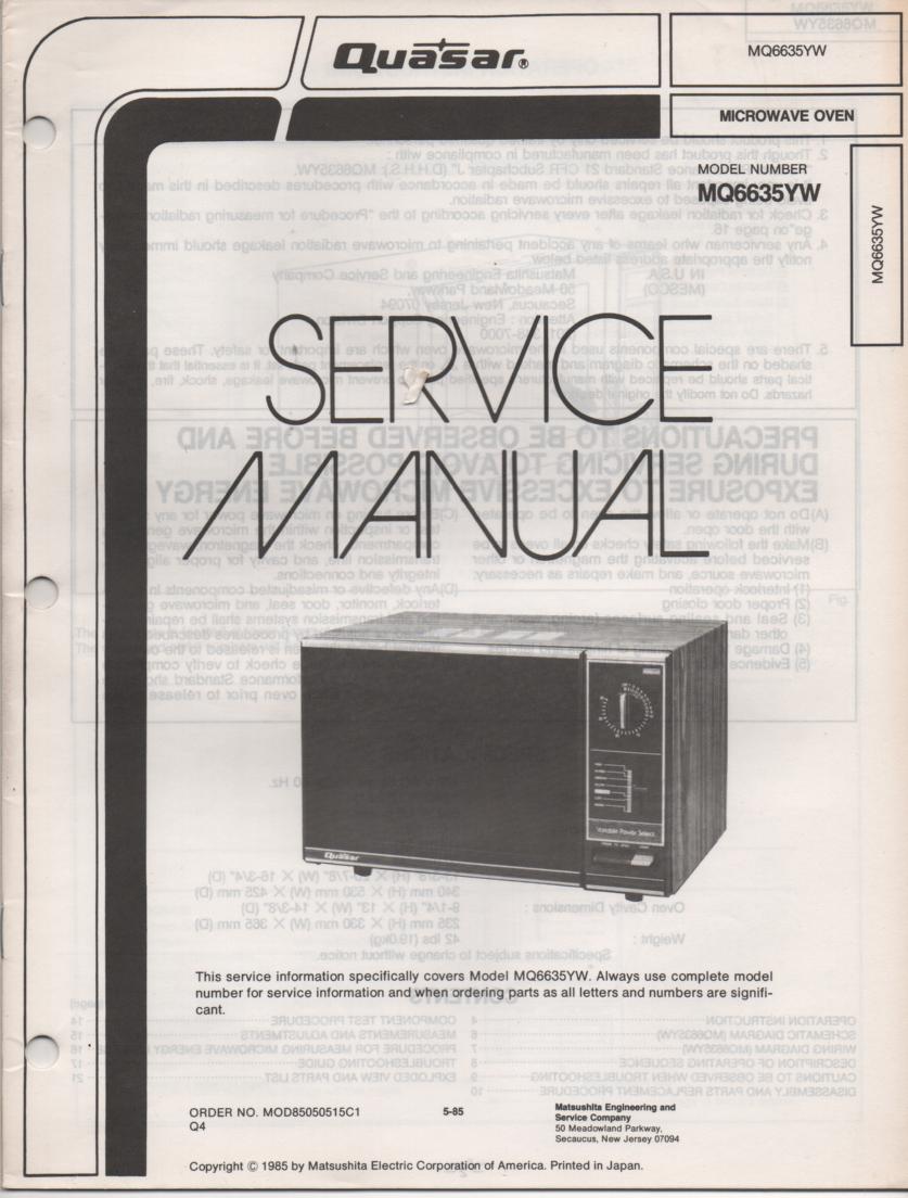 MQ6635YW Microwave Oven Operating Service Instruction Manual