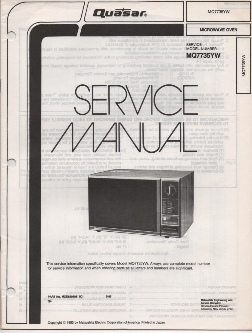 MQ7735YW Microwave Oven Operating Service Instruction Manual